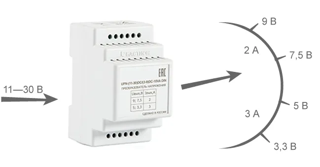 Бастион СКАТ UPN-(11-30)DC/(3-9)DC-15VA DIN преобразователь напряжения, вход 11-30В, 15ВА