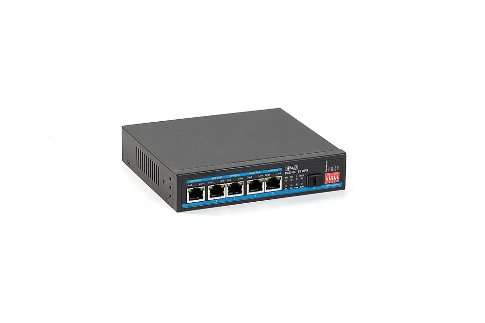 Бастион 4086 SKAT PoE-UPS-5E-1S бесперебойный POE коммутатор, с возможностью питания от солнечных панелей. Мощность 65Вт, порты: 5-Ethernet, 1-SFP