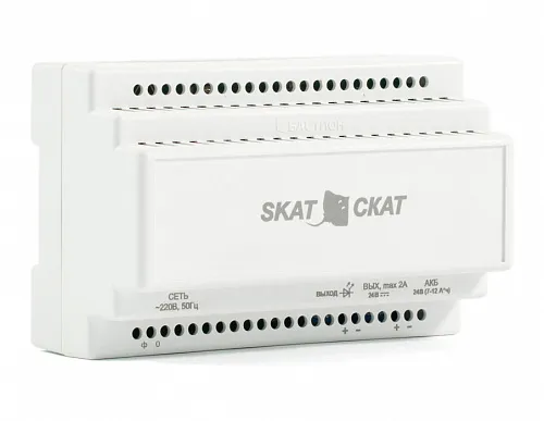 Источник питания                             Бастион SKAT-24-2.0 DIN (СКАТ ИБП-24/2-DIN) источник питания 24В 2А пластиковый корпус под DIN рейку 35 мм