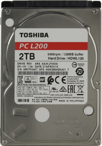 Жесткий диск TOSHIBA L200 HDWL120UZSVA, 2Тб HDD, SATA III, 2.5